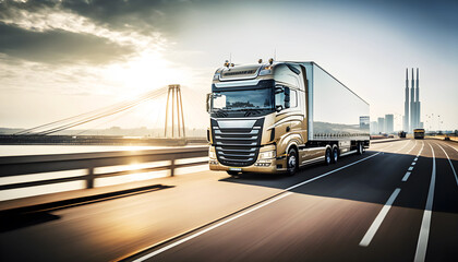 European truck run in highway at sunset with a big city in background, illustration ai generative