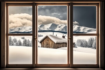 illustration, ski resort in winter snowy mountains, ai generative