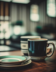 Vintage mugs in a retro brasserie. created with generative AI technology