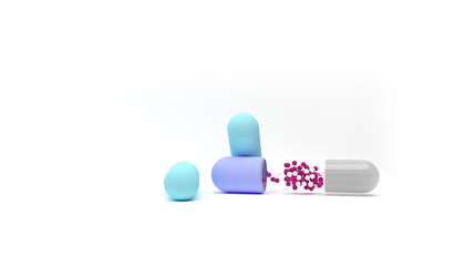 Realistic medical opened capsule pill. Antibiotic 3D medicine drug for concept improve health. 3d render capsules for advertising healthcare food on white background. Opened capsule.