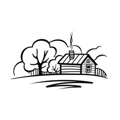 A house by the river. Black and white logo or emblem in vintage style