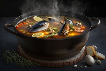 illustration, soup cooked in a large pot, generative ai
