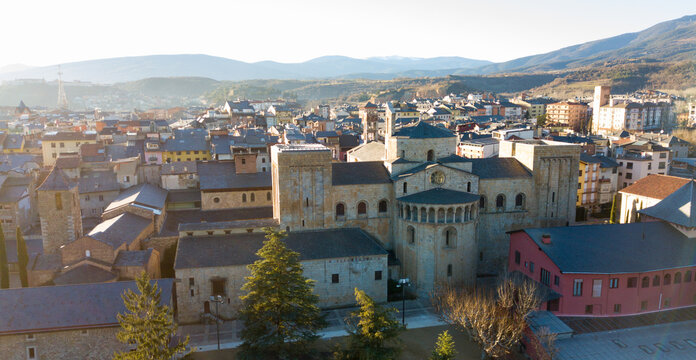 Aerial view of Spanish city of la Seu d'Urgell with Romanesque Cathedral of Santa Maria in autumn day