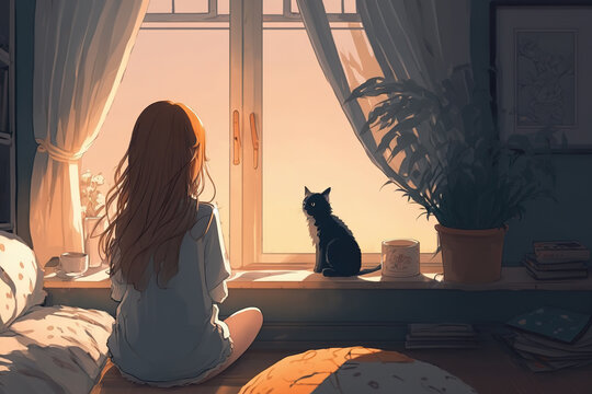 Anime girl and her cat sitting on bed and looking at window. AI generated image.	
