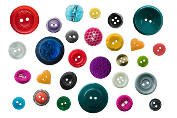 Set of colorful plastic sewing buttons on a transparent background. isolated object. top view - obrazy, fototapety, plakaty