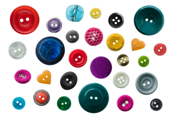 Set of colorful plastic sewing buttons on a transparent background. isolated object. top view