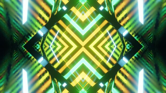 vj loop motion design background. Abstract bg motion graphics 3d symmetrical glowing construction. Mysterious luminous technical structures. Night club vj. Hi tech sci-fi modern technology background