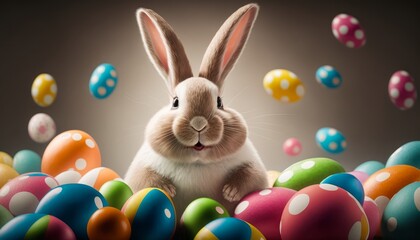Easter bunny with many colorful Easter eggs. Colorful Easter eggs. Easter concept. Generative AI
