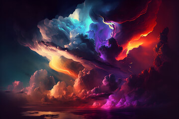 colorful synthwave sky whit dramatic clouds illustration, generative ai  - obrazy, fototapety, plakaty