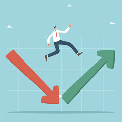 Overcoming the crisis and economic recovery, investment growth, reaching a new level of business, searching for a strategy or business development plan. A businessman jumps on the arrows on the chart.
