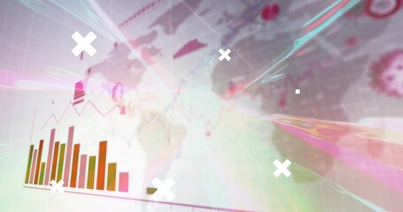 Animation of qr code, world map with markers and data processing over light trails - Powered by Adobe