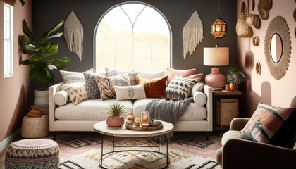 A bohemian living room with a mix of colorful textiles and eclectic decor. The room features a low-slung sofa, woven rug, and a macrame wall hanging. The atmosphere is free-spirited and generative ai