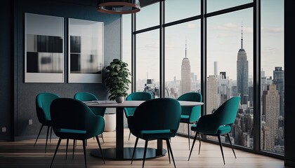 A business meeting room on a high-rise office building, featuring a breathtaking view of the city skyline and modern decor with elegant furniture. Text space. generative ai