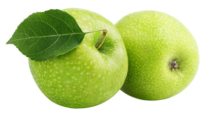 Ripe green apples with leaf isolated on transparent background