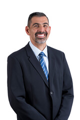  Portrait of a bearded man in a suit looking at the camera on a white background.