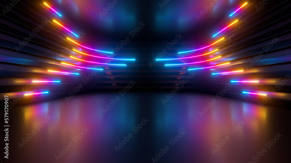 Wall mural sci fy neon glowing lines in a dark tunnel. reflections on the floor and ceiling. 3d rendering image
