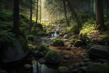 a beautiful summer day in a European forest with a stream as a digital illustration (Generative AI)