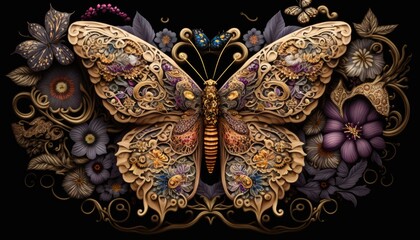 Fototapeta na wymiar A luxurious and opulent mosaic of golden jewelry, flowers, and butterflies. The colors are rich and bold, and the details are intricate and eye-catching generative ai
