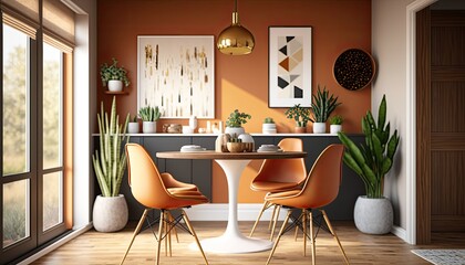 A mid-century modern dining room with a teak dining table and Eames chairs. The walls are painted a warm, earthy orange, and the room is filled with natural light. The atmosphere generative ai - obrazy, fototapety, plakaty