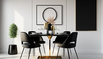 A modern dining room with a minimalist design featuring a sleek black table and chairs set against a white backdrop with hints of gold accents. generative ai