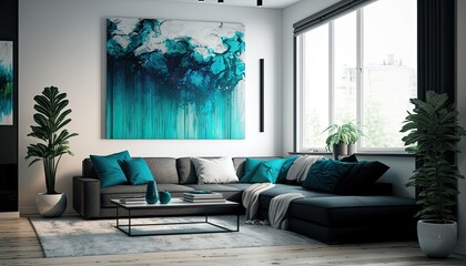 A modern, minimalist living room with white walls and a large black leather sectional. The room features abstract art in shades of blue and green, and a large window that lets in plenty generative ai