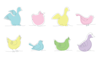 First spring birds set hand draw continues one line. Vector stock illustration isolated on white background for wedding, Easter invitation or greeting card. Editable stroke. 