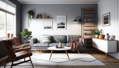 A Scandinavian living room with white walls and a warm wood accent wall. The room features a grey sofa and a leather armchair, as well as a modern coffee table and a woven rug. generative ai