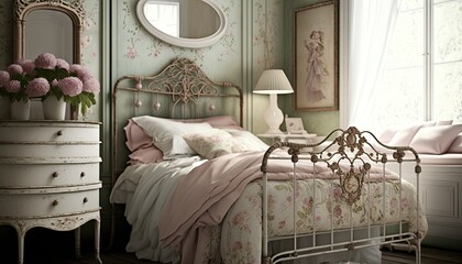 A shabby chic bedroom with a vintage white iron bed and floral bedding. The walls are painted a soft blush pink, and the room features a distressed white dresser and vintage mirrors. generative ai