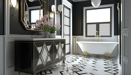 An art deco bathroom with black and white geometric tile and a gold-framed mirror. The room features a black and white clawfoot tub and a black vanity with a marble countertop. generative ai