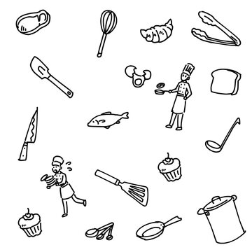 調理器具と食材・食べ物のゆるイラスト　線画