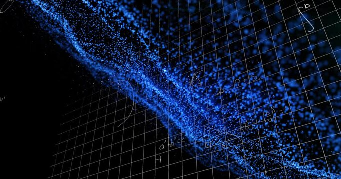 Animation of blue mesh over mathematical dat on black background