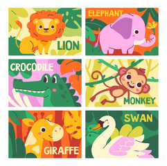African animals poster set. Banners with lion, crocodile, elephant, monkey, giraffe and swan in jungle among leaves. Greeting card or cover. Cartoon flat vector collection isolated on white background