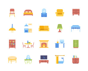 Set of Colorful Furniture Related Icons. Wardrobe, bookshelf, work desk, TV and washstand for stylish home interior. Design elements for stickers. Cartoon flat vector collection isolated on white
