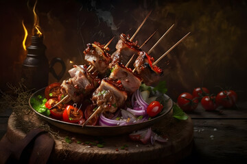 Shish kebab on skewers with vegetables on a dark background. Delicious dish. Generative AI technology.