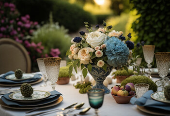 Obraz na płótnie Canvas A Festive and Colorful AI-Generated Wedding Reception Table Setting with Luxurious Floral Decorations
