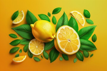 Ripe juicy lemons and green leaves on a yellow background (Generative AI)