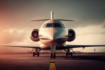 Luxury private jet on airport runway (Generative AI)