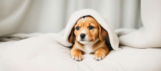 A small brown puppy peeks out from under the covers on the bed. Generative AI.
