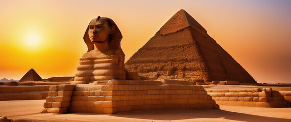 Monumental sculpture of the Sphinx and the great pyramids in the background, Giza Plateau, Egypt. Generative AI. - obrazy, fototapety, plakaty