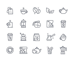 Set of Simple Coffee and Tea Icons. Tea bag, cup of coffee, cappuccino, kettle and milk. Design element for coffee shop or cafe. Cartoon linear vector collection isolated on white background
