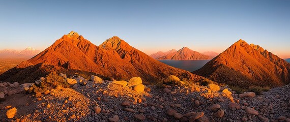 Beautiful picturesque landscape of a mountain range at dawn. Generative AI.