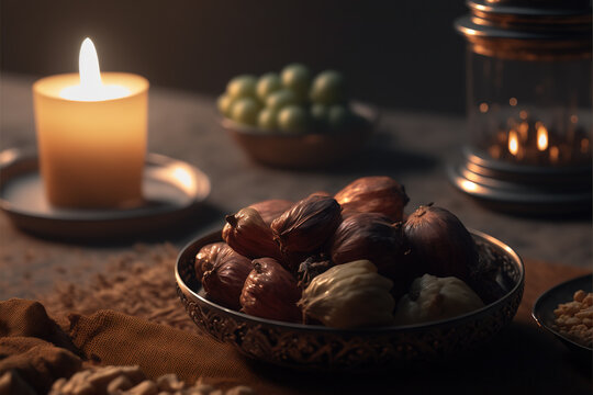With dates and candles at Ramadan iftar table Generative AI