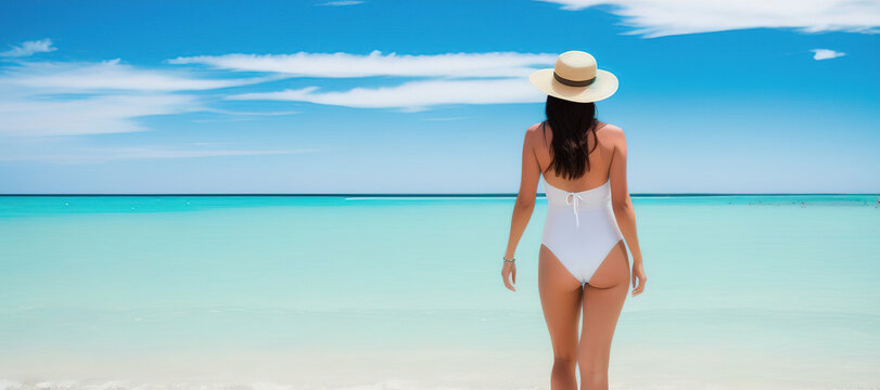 A beautiful brunette girl, dressed in a white swimsuit and a wide-brimmed straw hat, enters the ocean, rear view, unrecognizable face. Generative AI.