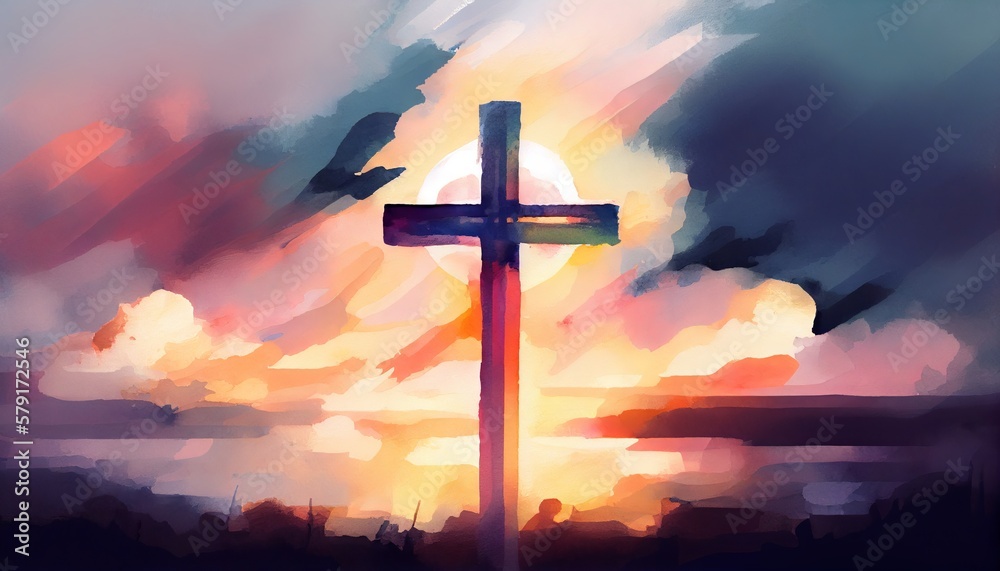 Wall mural Painting in watercolor depicting a cross. Sunset with clouds. Easter concept. Generative AI