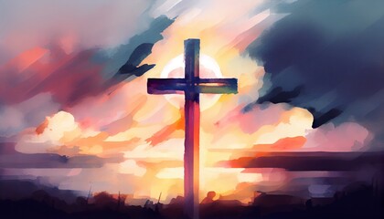 Painting in watercolor depicting a cross. Sunset with clouds. Easter concept. Generative AI