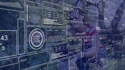 Animation of data processing over caucasian woman gardening