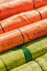 Rolled up Buddhist prayer flags, Kathmandu, Nepal