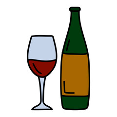 Vector line art wine bottle and glass alcohol