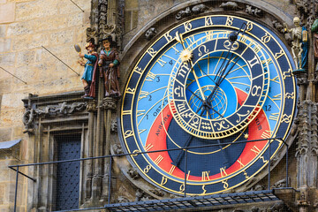 Prague astronomical clock close-up. The main attraction of the capital of the Czech Republic. Background