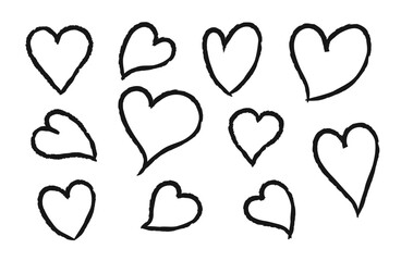 Set of hand drawn heart, strokes of paint, ink, grunge. Doodle hearts collection isolated on white background. Vector illustration